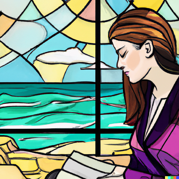 DALL_E_2023-07-27_11.22.38_-_a_business_woman_at_the_beach__reading_a_book__stained_glass_style.png 